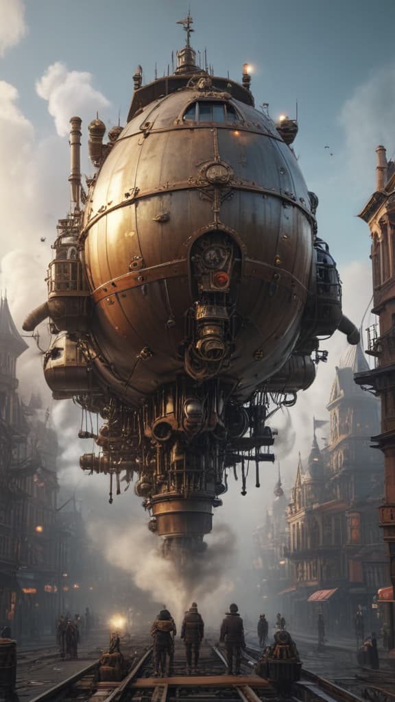 ((masterpiece)),(((best quality))), 8k, high detailed, ultra detailed, a steampunk city, airships in the sky, clockwork robots, (mechanical gears everywhere), (steam rising from pipes) hyperrealistic, full body, detailed clothing, highly detailed, cinematic lighting, stunningly beautiful, intricate, sharp focus, f/1. 8, 85mm, (centered image composition), (professionally color graded), ((bright soft diffused light)), volumetric fog, trending on instagram, trending on tumblr, HDR 4K, 8K