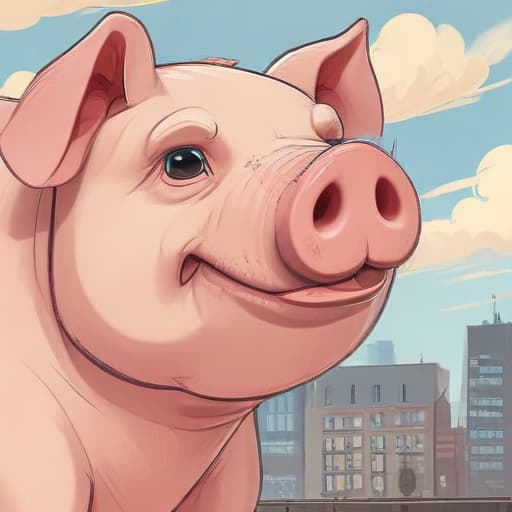 A men’s fist next to the snout of a pig in Cartoon style with City background