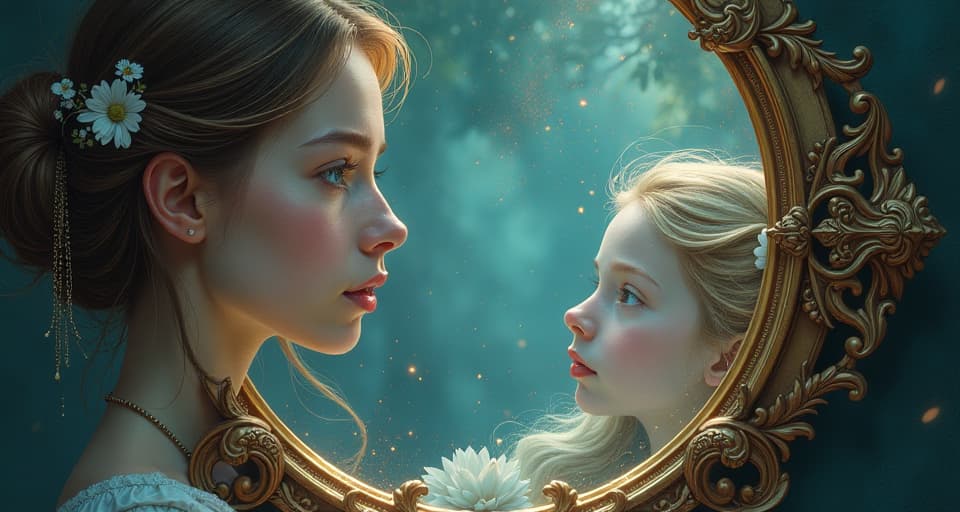  multiple lifetimes glimpsed in a mystical mirror, each showing past events, ethereal connections, profound and timeless.. the style is digital art illustration,highly detailed, whimsical,magical, dreamlike atmosphere, realism and fantasy blend, smooth, glossy textures,luminous quality, wonder and enchantment.