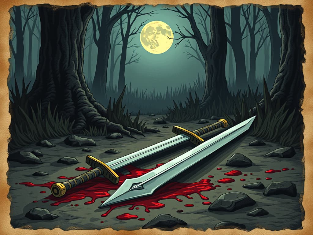  shattered swords lying on the ground, blood stains reflecting moonlight, background of shadowed forest, atmosphere of defeat and struggle. an illustration in the style of a worn, mystical old tarot trump card, mysterious and elements of surrealism. the colors are muted, somber and eerie, but with contrast bring out an occult and esoteric vibe.