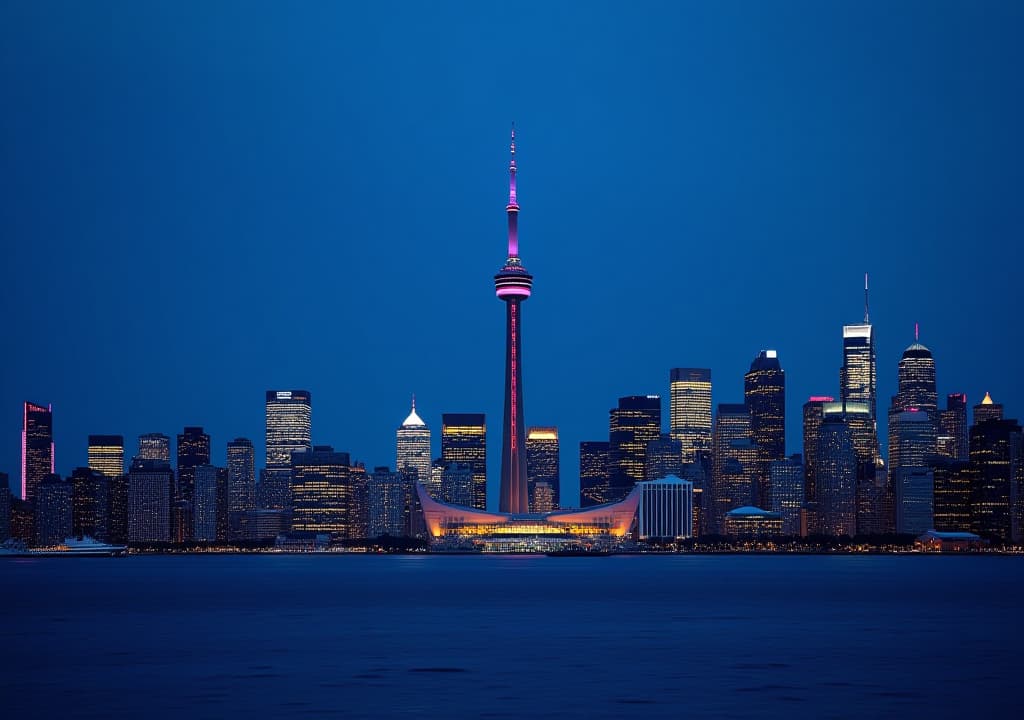  a panoramic view of toronto's skyline at dusk, with the cn tower prominently featured in the center, illuminated against a deep blue sky. the surrounding skyscrapers and buildings create a dynamic cityscape, with their lights beginning to twinkle as night falls. lake ontario is visible in the foreground, reflecting the city lights and adding depth to the scene., in the style of pixel art hyperrealistic, full body, detailed clothing, highly detailed, cinematic lighting, stunningly beautiful, intricate, sharp focus, f/1. 8, 85mm, (centered image composition), (professionally color graded), ((bright soft diffused light)), volumetric fog, trending on instagram, trending on tumblr, HDR 4K, 8K