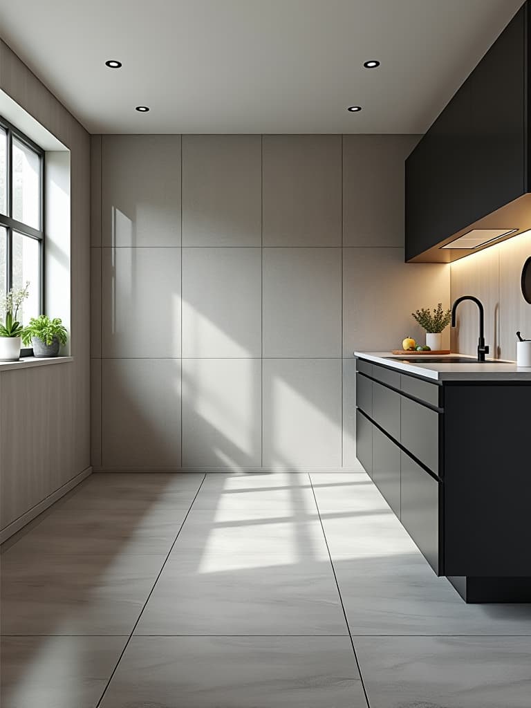  high quality portrait photo of a modern kitchen featuring sleek, large format porcelain tiles in a light gray hue, reflecting natural light from a nearby window hyperrealistic, full body, detailed clothing, highly detailed, cinematic lighting, stunningly beautiful, intricate, sharp focus, f/1. 8, 85mm, (centered image composition), (professionally color graded), ((bright soft diffused light)), volumetric fog, trending on instagram, trending on tumblr, HDR 4K, 8K