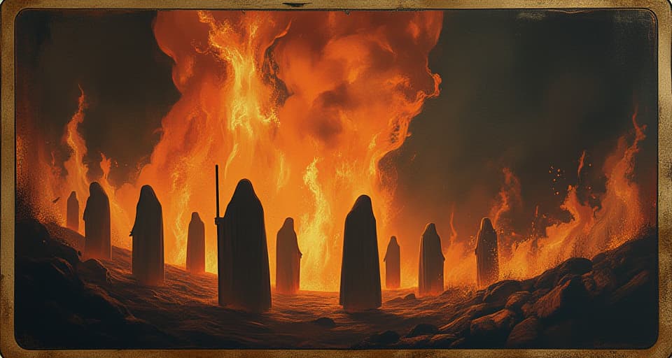  an inferno, flames rising high, shadows of anonymous figures engulfed, skin cloaked in silhouettes of fire, chaotic, intense, overwhelming heat. an illustration in the style of a worn, mystical old tarot trump card, mysterious and elements of surrealism. the colors are muted, somber and eerie, but with contrast bring out an occult and esoteric vibe.