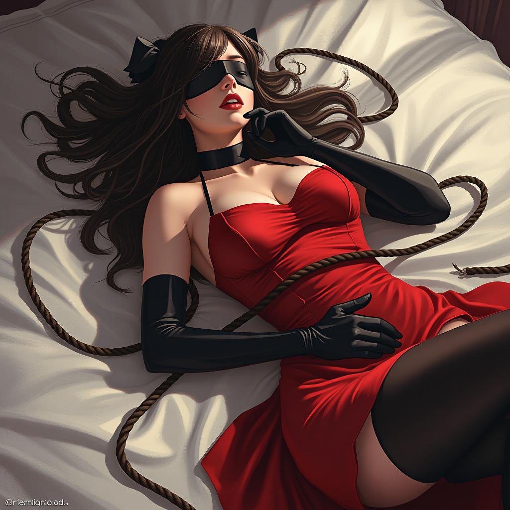  anime succubus in black satin gloves, a red dress, stockings, blindfolded and gagged lies and strangles herself with a rope wrapped around her 