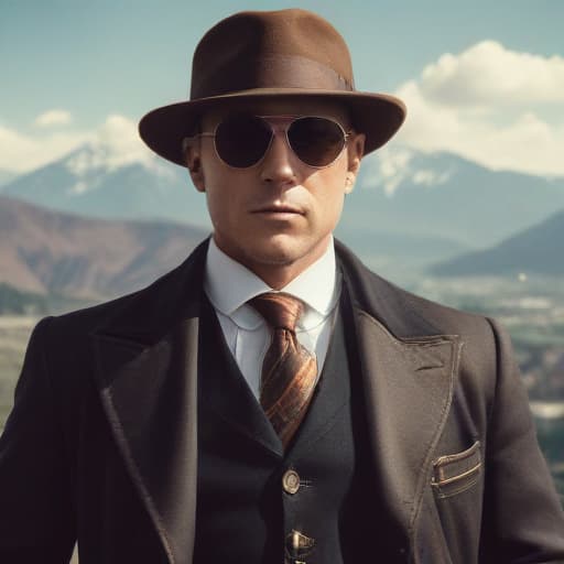 Reymond reddington with sunglasses in Steampunk style with Mountains background