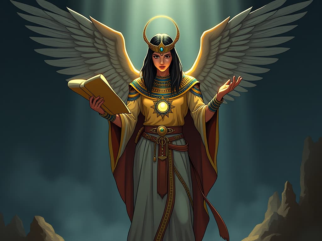  an angelic seeker, standing against the shadows, holding an illuminated scroll, divine quest for truth. the style is digital art illustration / modern comic book / mysterious occult, symbolic, esoteric vibe,high detail on character design, incorporating ancient egyptian symbology and attire.