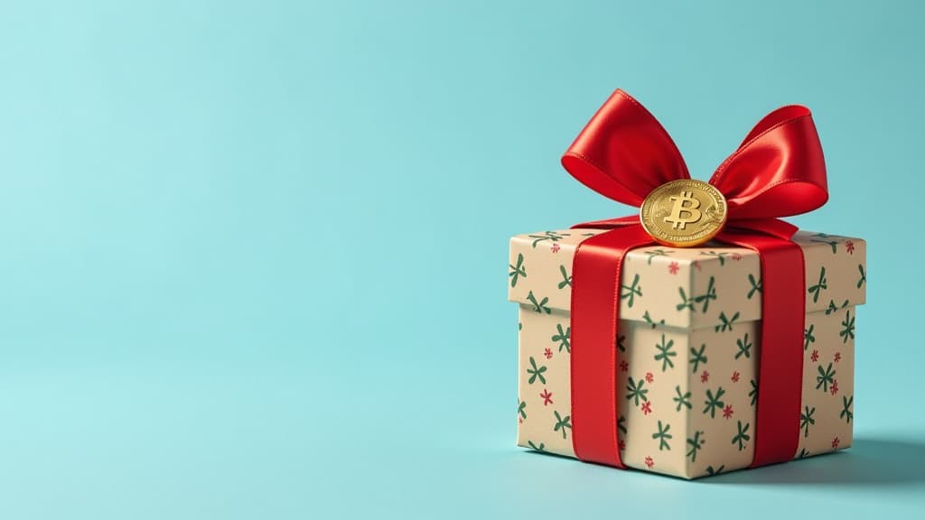  banner on a right side a gold coin with a bitcoin or ethereum symbol, tied with a festive red bow, as if it were a gift. christmas concept, festive light blue background . lot of place on a left {prompt}, maximum details