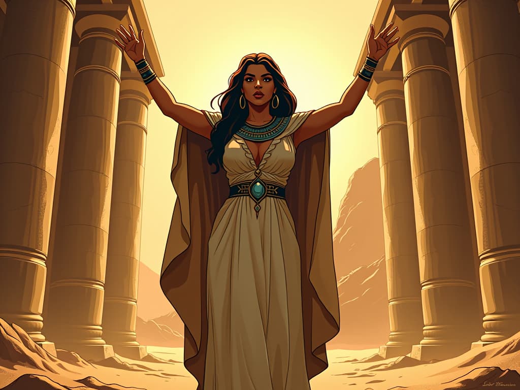  ancient egyptian woman, large busted, in a tight, flowing linen gown, standing in a desert temple, arms lifted, symbolizing sacred emotional purging. the style is digital art illustration / modern comic book / mysterious occult, symbolic, esoteric vibe,high detail on character design, incorporating ancient egyptian symbology and attire.