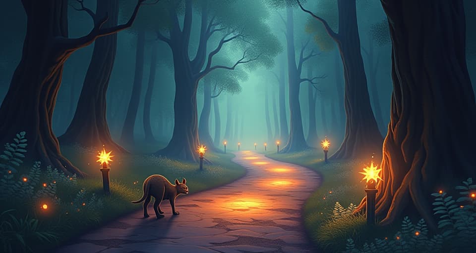  a mystical path leading through a glowing forest, enchanted creatures guiding the way, soft, radiant lights illuminating the trail, urging forward.. the style is digital art illustration,highly detailed, whimsical,magical, dreamlike atmosphere, realism and fantasy blend, smooth, glossy textures,luminous quality, wonder and enchantment.