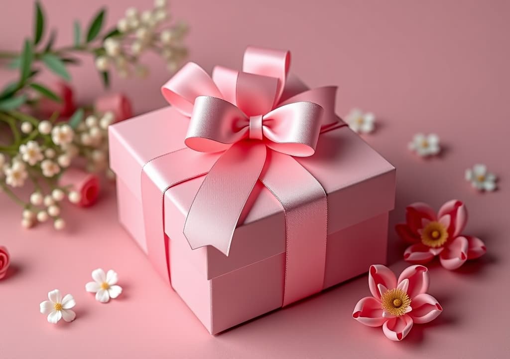  a gift box with a pink bow and flowers