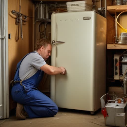 A photo of a skilled technician repairing a vintage refrigerator in a dimly-lit, cluttered garage during the late afternoon.