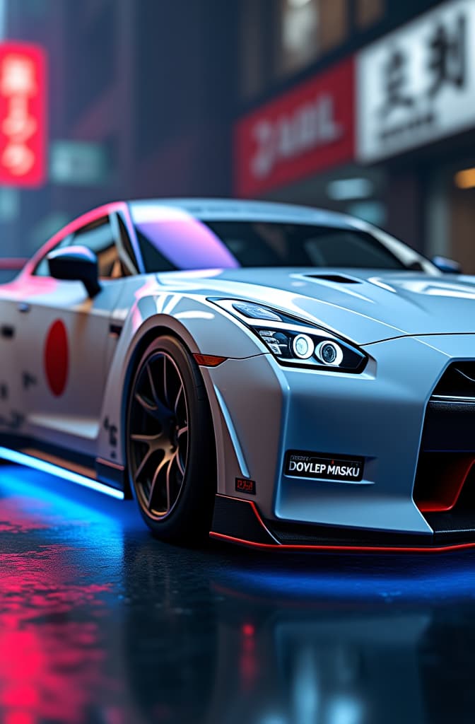  white nissan gtr with japan sticker and blue neons under car, portrait, cyberpunk, hyper detailed, digital art, trending in artstation, cinematic lighting, studio quality, smooth render, unreal engine 5 rendered, octane rendered, art style by klimt and nixeu and ian sprigger and wlop and krenz cushart hyperrealistic, full body, detailed clothing, highly detailed, cinematic lighting, stunningly beautiful, intricate, sharp focus, f/1. 8, 85mm, (centered image composition), (professionally color graded), ((bright soft diffused light)), volumetric fog, trending on instagram, trending on tumblr, HDR 4K, 8K