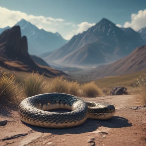 Titanaboa snake in Cinematic style with Mountains background