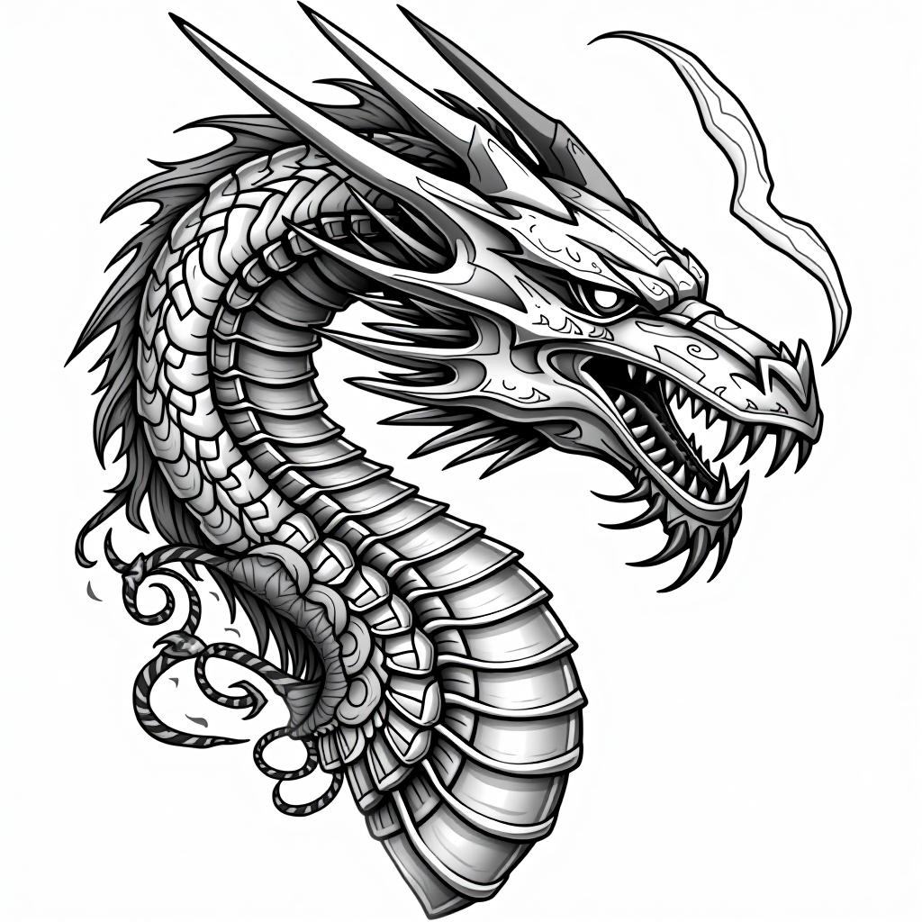  create a tattoo design, detailed biomechanical dragon with mechanical elements, black and grey, futuristic design, white background