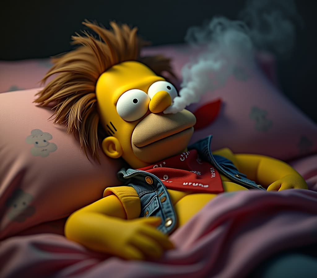  cinematic photo homer simpson muppet sleeping happily, he dressed as a rock star from the 80's, red bandana, denim vest, crazy hairstyle, a little smoke exits from his nose. the atmosphere is totally relaxing . 35mm photograph, film, bokeh, professional, 4k, highly detailed hyperrealistic, full body, detailed clothing, highly detailed, cinematic lighting, stunningly beautiful, intricate, sharp focus, f/1. 8, 85mm, (centered image composition), (professionally color graded), ((bright soft diffused light)), volumetric fog, trending on instagram, trending on tumblr, HDR 4K, 8K