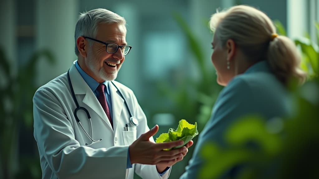  scenes about health and fitness, a cheerful doctor explaining to a patient the benefits of leafy greens for health. hyperrealistic, full body, detailed clothing, highly detailed, cinematic lighting, stunningly beautiful, intricate, sharp focus, f/1. 8, 85mm, (centered image composition), (professionally color graded), ((bright soft diffused light)), volumetric fog, trending on instagram, trending on tumblr, HDR 4K, 8K