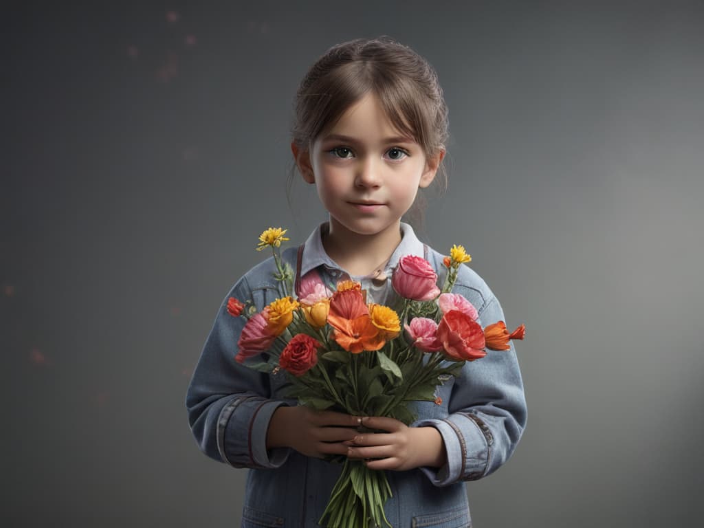 ultra realistic ((ultra realistic ((a child handing over a bouquet of flowers to say thank you)))) hyperrealistic, full body, detailed clothing, highly detailed, cinematic lighting, stunningly beautiful, intricate, sharp focus, f/1. 8, 85mm, (centered image composition), (professionally color graded), ((bright soft diffused light)), volumetric fog, trending on instagram, trending on tumblr, HDR 4K, 8K