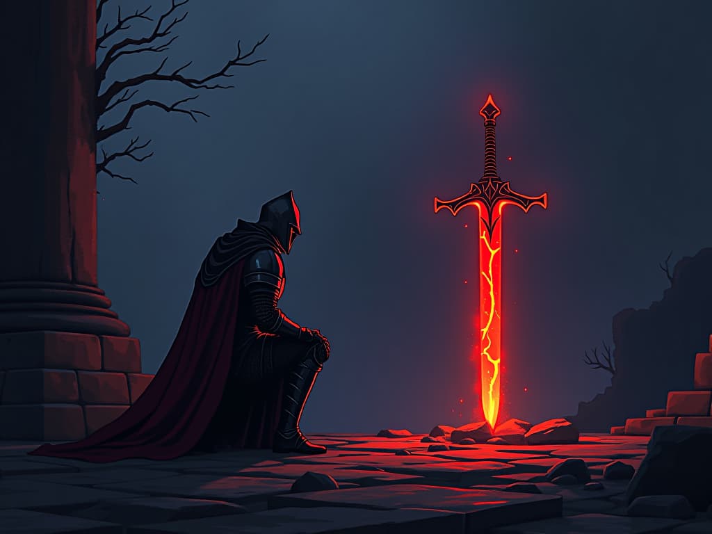  a knight kneeling before a glowing sword embedded in stone, symbols of commitment and honor around, twilight setting, a sense of purpose and dedication.. the style is dark fantasy and mysterious occult, symbolic, moody lighting, esoteric vibe,high detail on character design. for the color scheme emphasize blacks and reds.