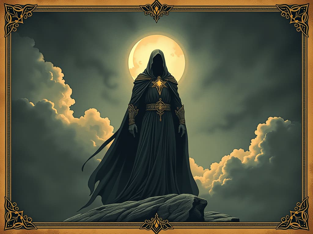  a powerful figure standing strong against a background of dark clouds, unwavering focus and strength, determination, invincible. an illustration in the style of a worn, mystical old tarot trump card, mysterious and elements of surrealism. the colors are muted, somber and eerie, but with contrast bring out an occult and esoteric vibe.