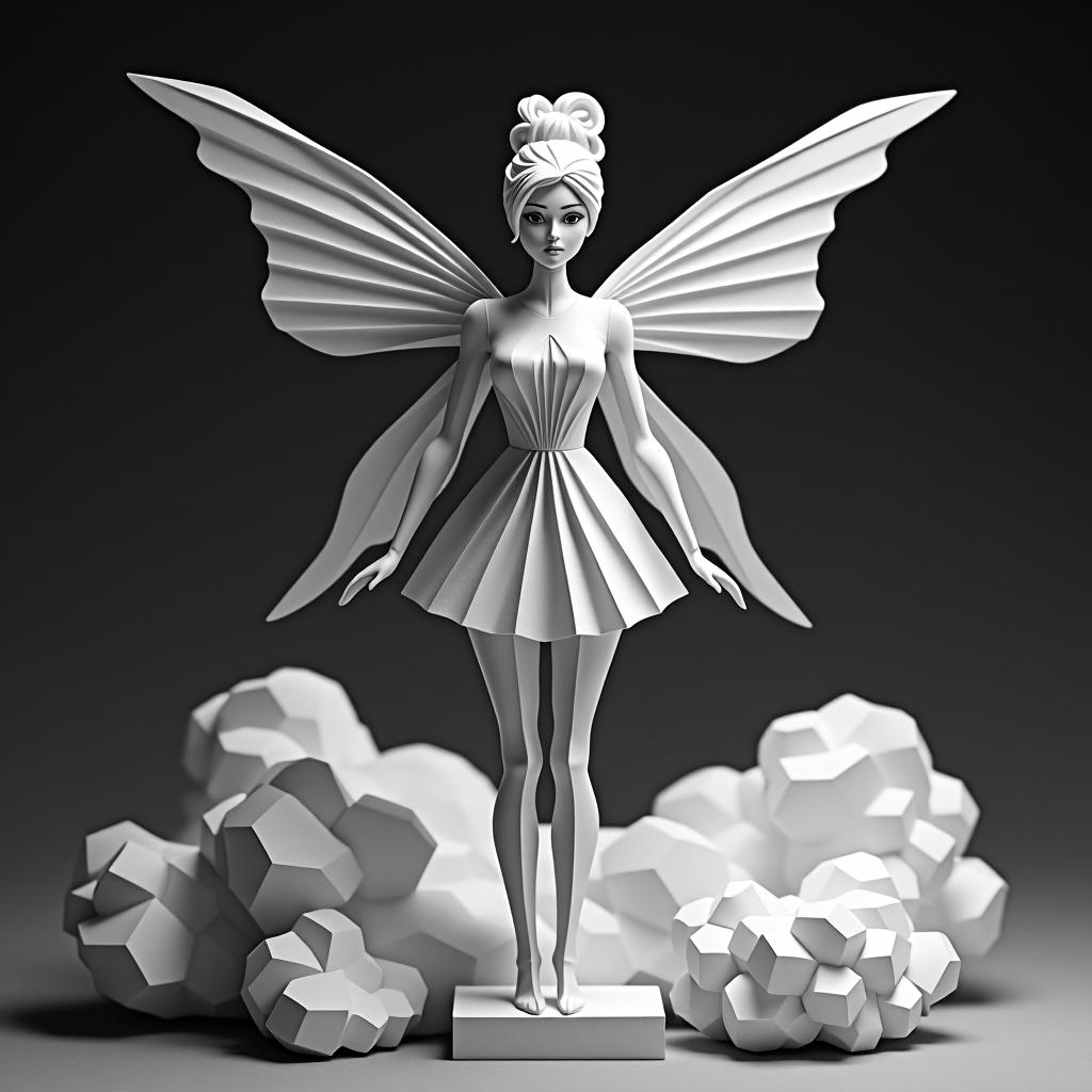  origami style the black and white vector of a beautiful and spicy with wings and a high quality face, the fairy stands full in a and model potion in the stockings, the clouds in very high beds, in a short dress with bright hair, the hair wrapped in a coward . paper art, pleated paper, folded, origami art, pleats, cut and fold, centered composition hyperrealistic, full body, detailed clothing, highly detailed, cinematic lighting, stunningly beautiful, intricate, sharp focus, f/1. 8, 85mm, (centered image composition), (professionally color graded), ((bright soft diffused light)), volumetric fog, trending on instagram, trending on tumblr, HDR 4K, 8K