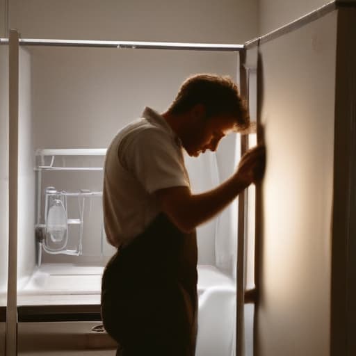 A photo of a skilled technician repairing a refrigerator in a dimly lit kitchen during the early evening, with a single beam of warm, golden light cascading onto the technician's hands as they deftly work on the appliance.