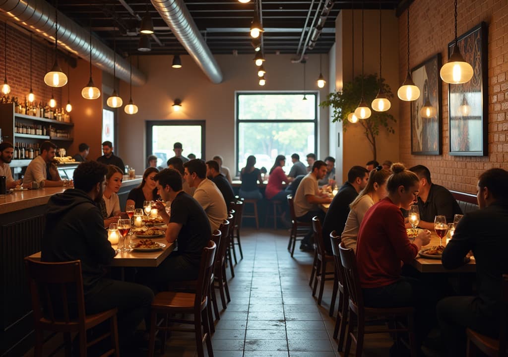  a lively scene inside warehouse restaurant, showcasing diners enjoying a variety of dishes like wings and nachos at communal tables, alongside a cozy balzac's coffee café with patrons sipping cappuccinos and indulging in pastries, all set against a backdrop of vibrant decor and a bustling atmosphere. hyperrealistic, full body, detailed clothing, highly detailed, cinematic lighting, stunningly beautiful, intricate, sharp focus, f/1. 8, 85mm, (centered image composition), (professionally color graded), ((bright soft diffused light)), volumetric fog, trending on instagram, trending on tumblr, HDR 4K, 8K