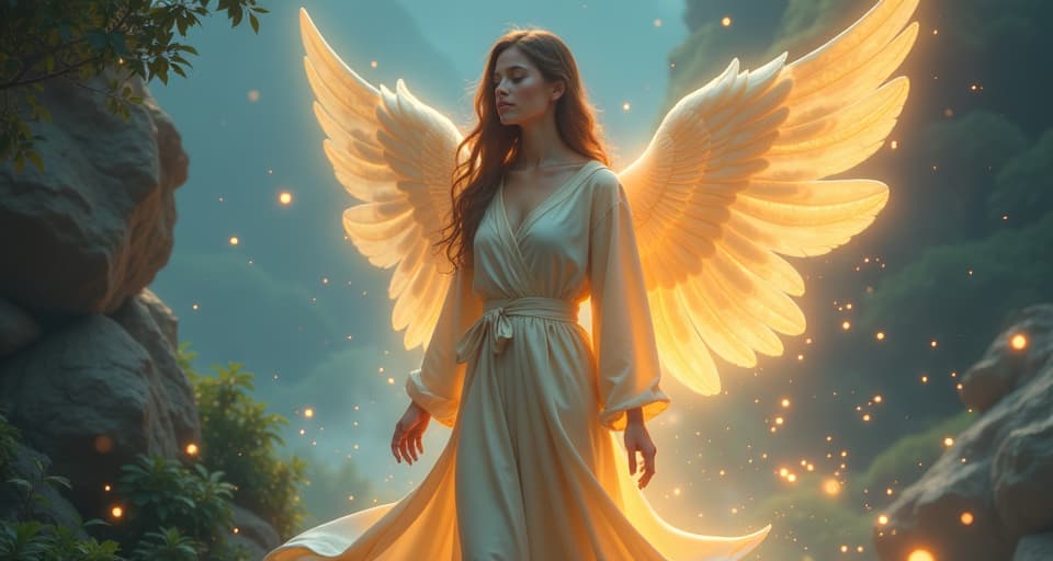  an ethereal angel in a glowing robe, standing amidst swirling light orbs. her serene demeanor, combined with the magical surroundings, symbolizes the shift from seeking acceptance to knowing one's worth.. the style is digital art illustration,highly detailed, whimsical,magical, dreamlike atmosphere, realism and fantasy blend, smooth, glossy textures,luminous quality, wonder and enchantment.