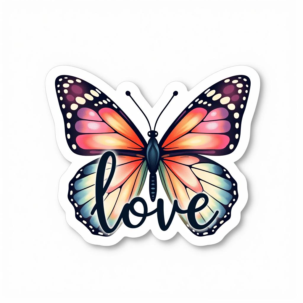  design a logo, custom sticker design on an isolated white background decorated by watercolor butterfly, with the text ‘love’