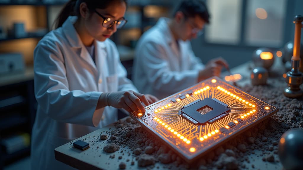  prompt: create a hyper realistic image showcasing the innovative production of solar cells from lunar dust at the technical university of berlin. the composition should feature a high tech laboratory setting with scientists in lab coats conducting experiments on lunar regolith. include detailed solar cell prototypes made from the regolith, displaying intricate circuitry and branding from the university. illuminate the scene with bright, natural light to emphasize the futuristic and sustainable a