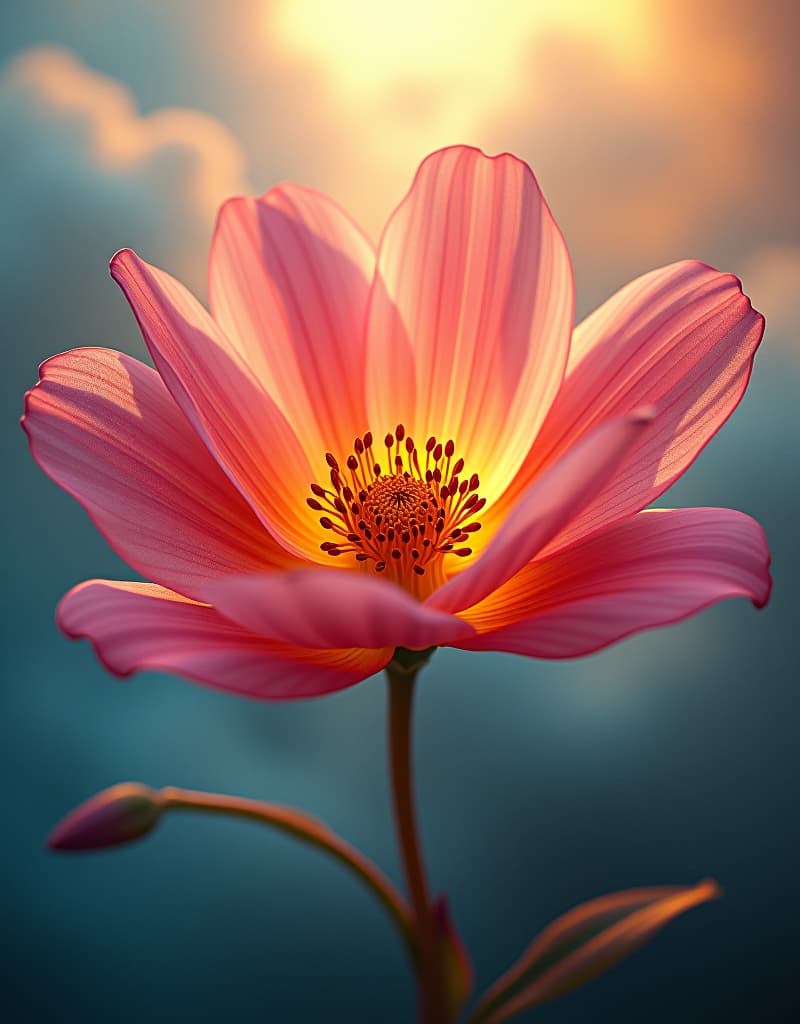  a vibrant, luminous flower with delicate, curved petals, blooming against a dreamy, ethereal backdrop of soft, feathery clouds and misty, iridescent waterfalls. the flower's center holds intricate, swirling patterns etched with golden light, radiating warmth. the scene is painted in a rich, deeply saturated color palette with bold, vibrant hues and delicate, pastel accents. the style is reminiscent of the innovative, hyper realistic works of simon stalenhag, ash thorp, and loish, with a cinematic, high contrast feel. capture the enigmatic, subtle smile of the flower, as if it holds a secret whisper to the wind.hyper detail, intricate details, sharp focus, high resolution, 8k, ultra detailed, vib