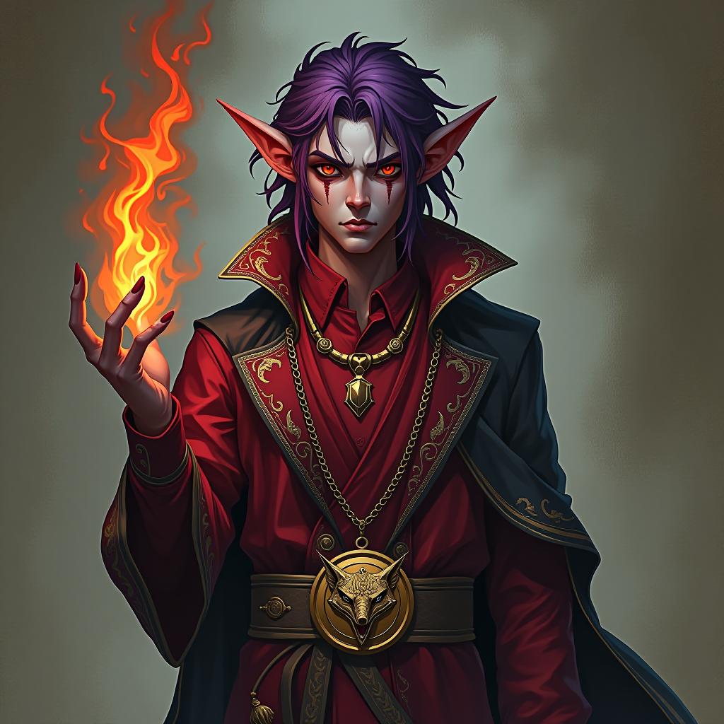  lovecraftian horror ringo the warlock is depicted in full height with a burning alo purple flame in his hand a young mature dark male elf with marble white skin, purple scarlet hair, ringo wears a disheveled hairstyle of medium length, pointed ear tips, lavender red eyes, dressed in a burgundy shirt with in addition, he wears a dark red snake skin jacket with silver embroidery in the form of flame tongues, purpletones of medium sized skin, and right skinned sergoes in a red leg. ringo wears a gold chain with a medium sized gold medallion around his neck. the medallion depicts an angry smirking fox face, ringo has a relative, a younger brother, a young dark elf amroth, . eldritch, cosmic horror, unknown, mysterious, surreal, highly detaile