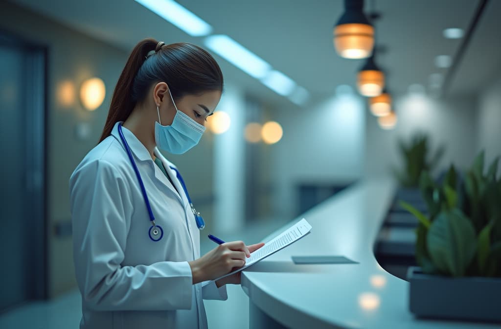  professional detailed photography, concentrated nurse in white medical suit and mask writing notes in clinical chart while standing near modern hospital reception desk ar 3:2, (muted colors, dim colors, soothing tones), (vsco:0.3)