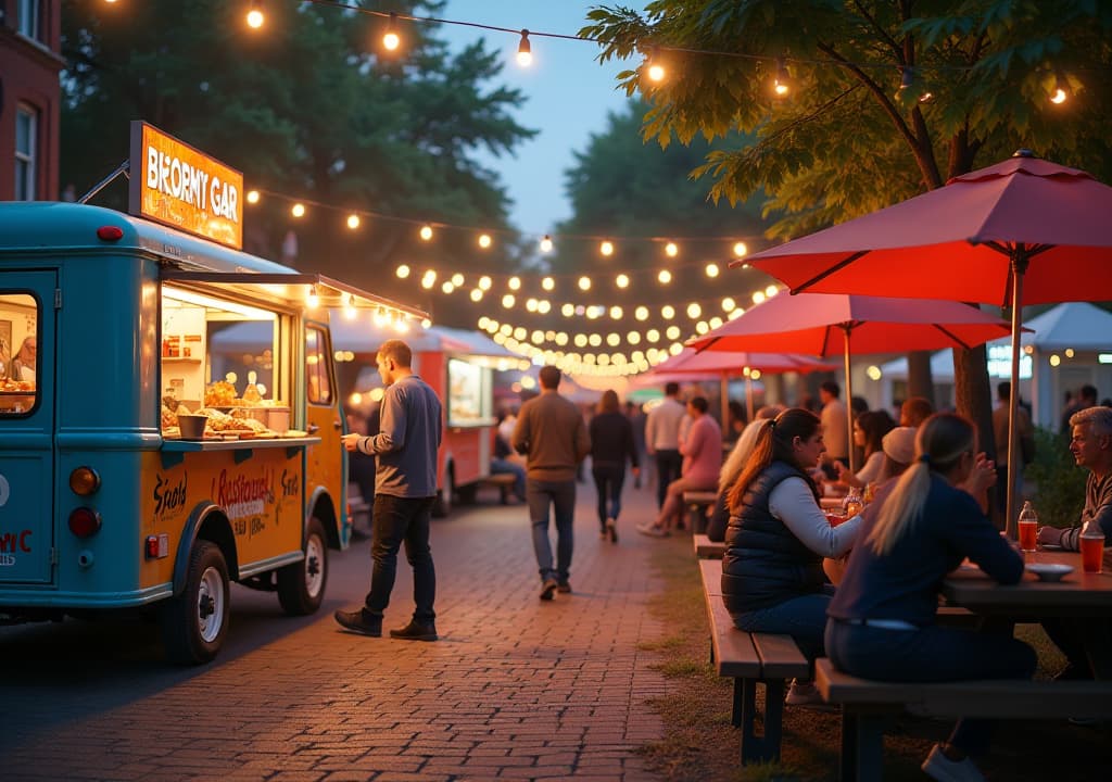  a lively scene showcasing a variety of food trucks at the toronto food truck festival, with vibrant vendors serving gourmet dishes, people enjoying delicious meals at picnic tables, and a local eatery with a cozy atmosphere filled with diners savoring their food, all set against a colorful backdrop of food and community spirit. hyperrealistic, full body, detailed clothing, highly detailed, cinematic lighting, stunningly beautiful, intricate, sharp focus, f/1. 8, 85mm, (centered image composition), (professionally color graded), ((bright soft diffused light)), volumetric fog, trending on instagram, trending on tumblr, HDR 4K, 8K