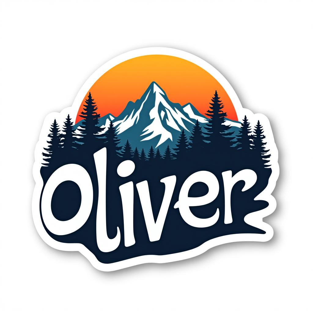  design a logo, custom sticker design on an isolated white background with the bold words ‘oliver’ with a backdrop of a mountain range, and silhouettes of pine trees at sunset