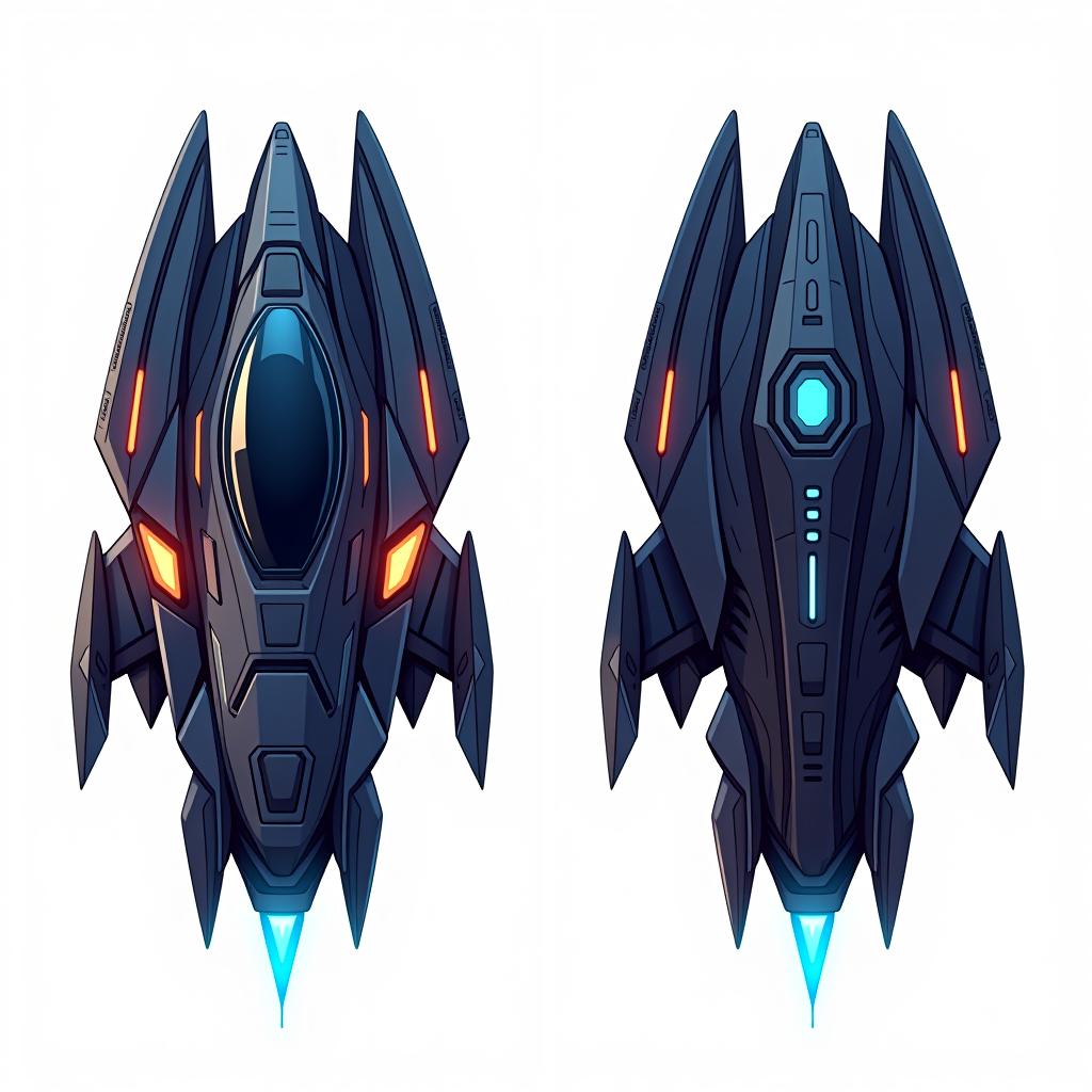  white background. left side: a simple vector graphic showing a hyper realistic spaceship's front view, designed with elements inspired by a mysterious alien planet. the spaceship features bioluminescent accents, glowing edges, and fragmented sections that float around the main body, mirroring the planet's style. right side: back view of the same spaceship, maintaining high detail and consistency, with the same glowing areas, floating fragments, and unique, otherworldly design. both views should depict the same object, with the split elements enhancing the spaceship's dynamic and fantastical appearance. cartoon and disney style.