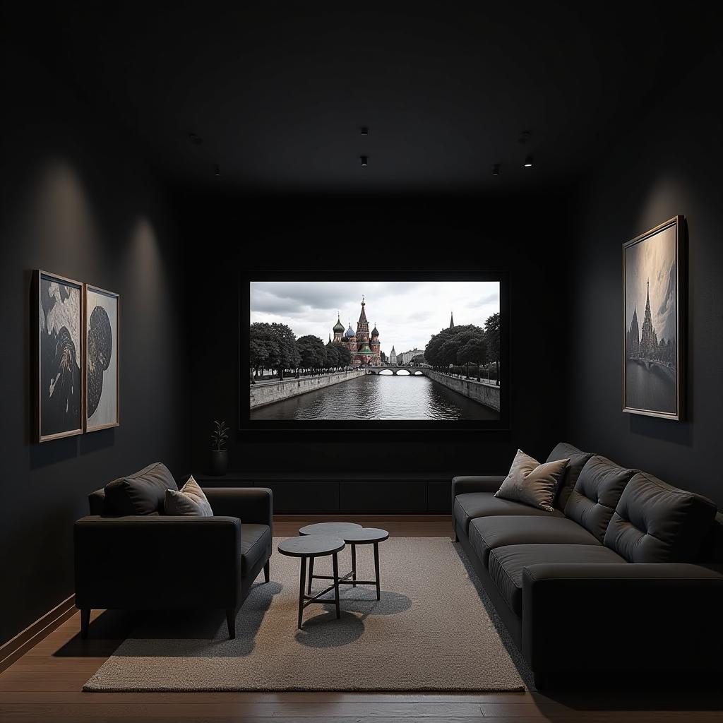  photo, narrow space in black, on the front wall there is a screen from paul for the ceiling, on the screen is an image of moscow {prompt}, maximum details