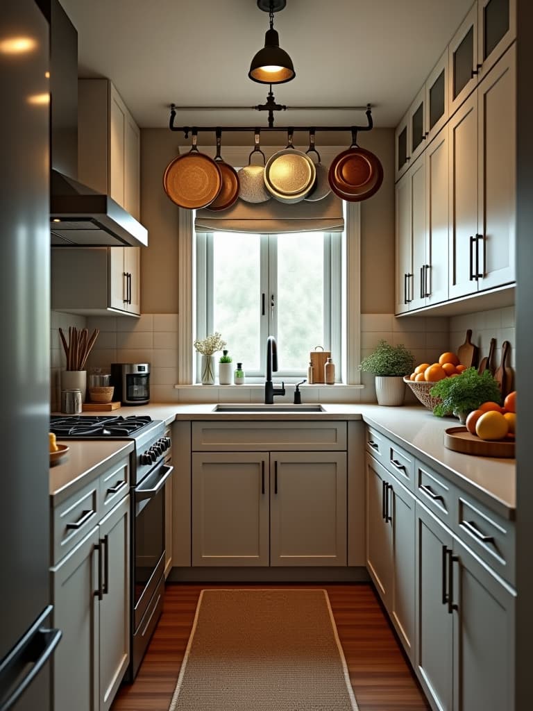  high quality portrait photo of a small galley kitchen with vertical storage solutions, including a ceiling mounted pot rack and tall, narrow cabinets reaching to the ceiling, maximizing vertical space hyperrealistic, full body, detailed clothing, highly detailed, cinematic lighting, stunningly beautiful, intricate, sharp focus, f/1. 8, 85mm, (centered image composition), (professionally color graded), ((bright soft diffused light)), volumetric fog, trending on instagram, trending on tumblr, HDR 4K, 8K