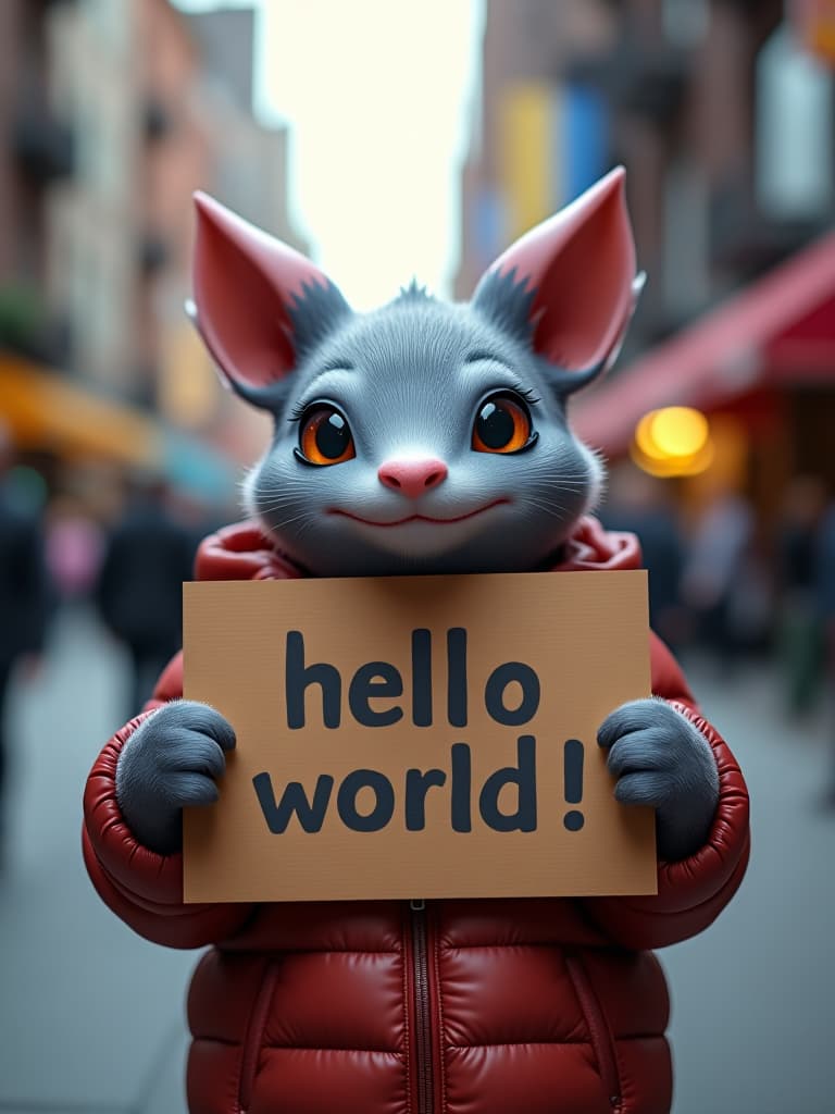  a cute gengar holding a sign with the text “hello world!” in a new york street hyperrealistic, full body, detailed clothing, highly detailed, cinematic lighting, stunningly beautiful, intricate, sharp focus, f/1. 8, 85mm, (centered image composition), (professionally color graded), ((bright soft diffused light)), volumetric fog, trending on instagram, trending on tumblr, HDR 4K, 8K