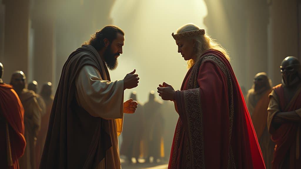  history of biblical times, a dramatic confrontation between elijah and queen jezebel, filled with tension and impending doom. hyperrealistic, full body, detailed clothing, highly detailed, cinematic lighting, stunningly beautiful, intricate, sharp focus, f/1. 8, 85mm, (centered image composition), (professionally color graded), ((bright soft diffused light)), volumetric fog, trending on instagram, trending on tumblr, HDR 4K, 8K