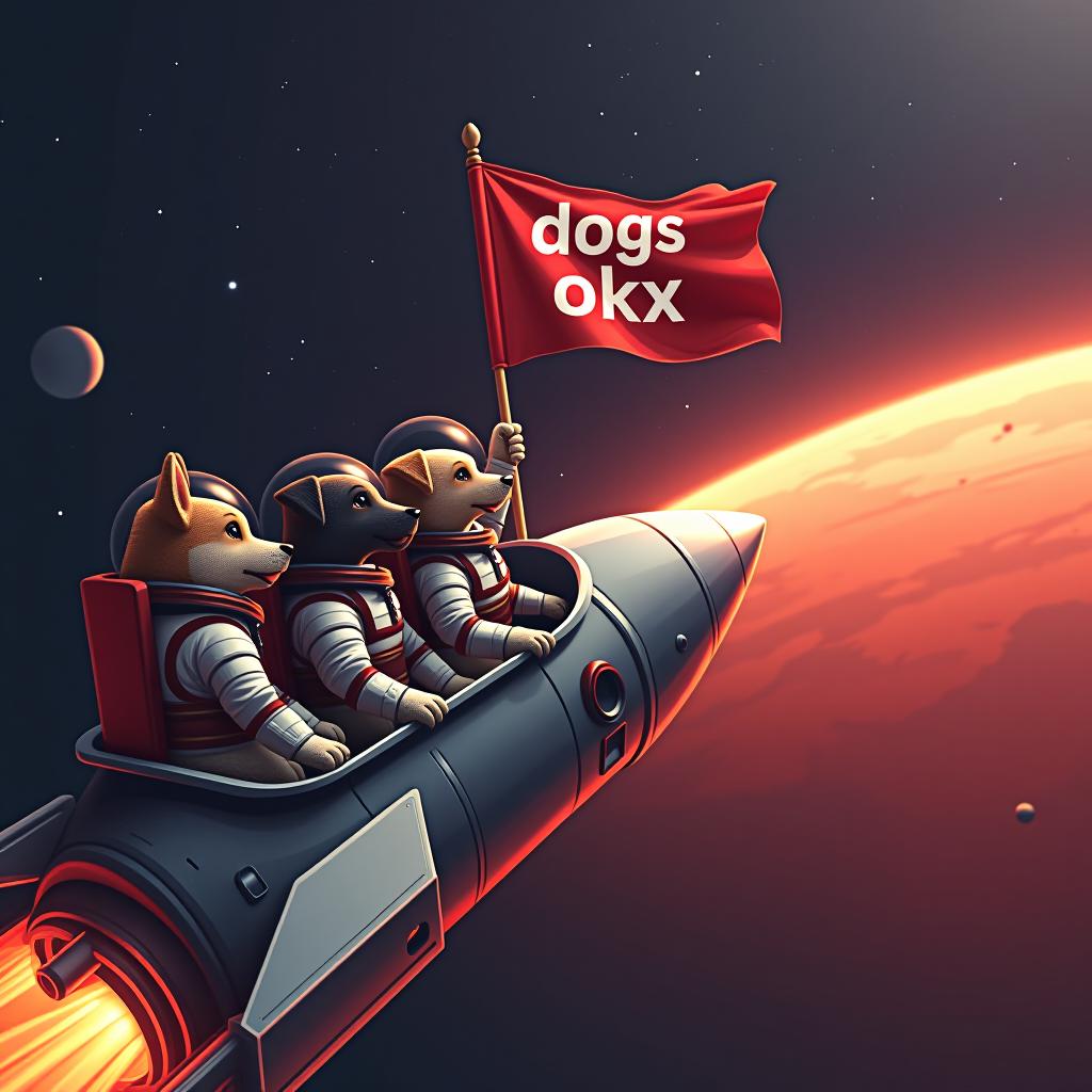  an image of several dogs in spacesuits, flying in a rocket towards mars. the rocket is sleek and futuristic, soaring through space with stars and planets visible in the background. as the rocket approaches mars, one of the dogs proudly holds a flag outside the window. the flag flutters with the phrase 'dogs okx' boldly written in capital letters. the scene captures the excitement and adventure of the dogs' mission, with the red surface of mars looming ahead and the vastness of space surrounding them.