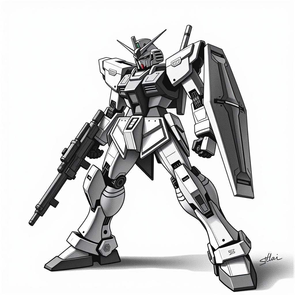  create an image of a gundam depicted entirely in pencil. the gundam should be in a dynamic fighting stance, showcasing intense contrast in lighting to highlight its form and details. use cross hatch shading to add depth and texture. sign the image with the word "stelai" at the bottom.