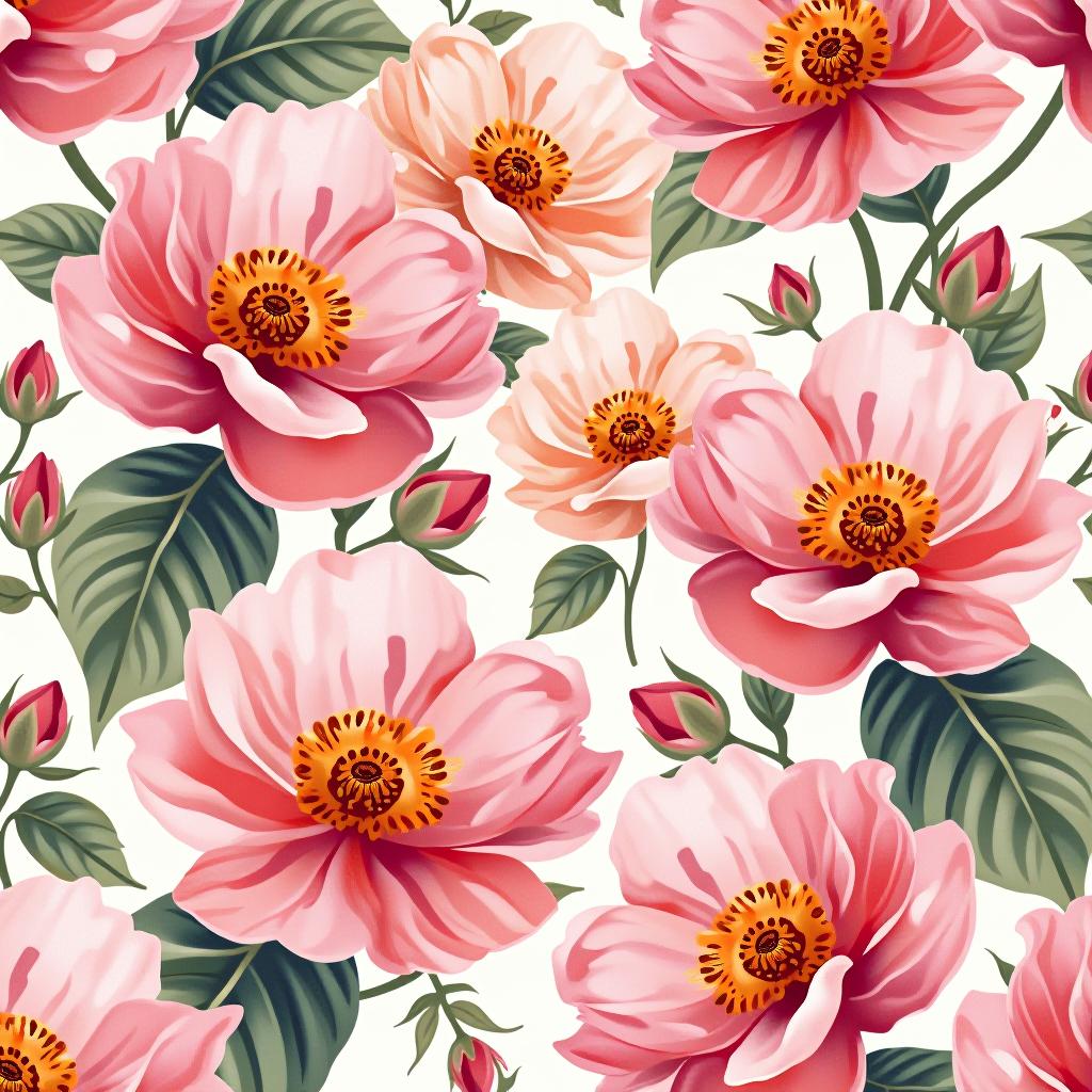  create a seamless digital design featuring a pattern of large, beautiful flowers with soft, watercolor like effects. the flowers should cover the entire surface, creating a bold, elegant, and continuous look. the overall style should be light and airy, with delicate leaves and petals to enhance the natural, floral theme. the design should be seamless to ensure it can be used in repeating patterns or wraps.