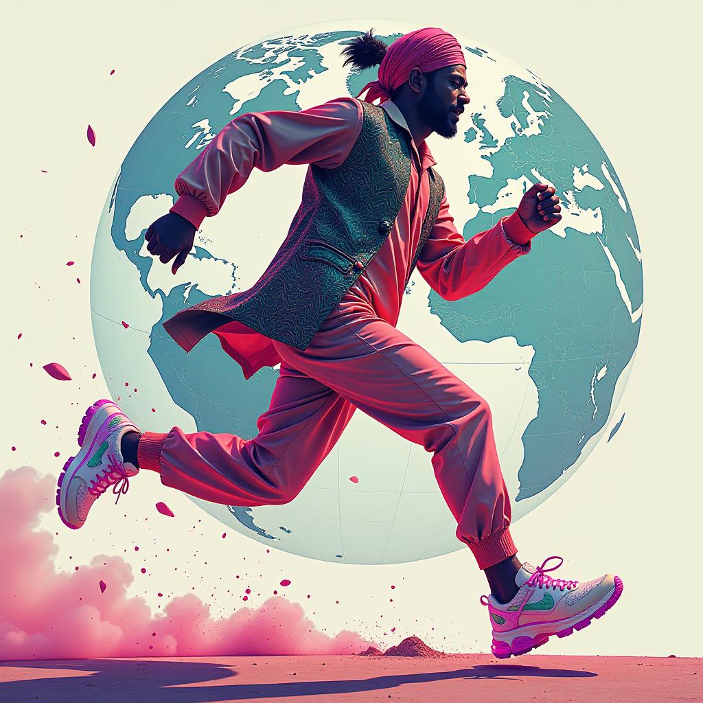  neonpunk style (promotional image of sneakers:1.5). (large inscription on the image: "artgeneration.me super!":1.6). (multi layered composition, double exposure:1.4), a masterpiece. (a runner in oriental attire:1.4) (patterned silk vest, turban and trousers:1.5), in beautiful creative sneakers, enthusiastically runs around the globe at the sd of light. on the 's feet (grotesquely huge) shining crystal white (comfortable running shoes with purple wavy lines:1.5), (with emerald noses and geometric pattern:1.4). (sneakers are highlighted brightly) and accentuated (against the background of the rest of the ilration with a black marker:1.5). (creative advertising poster:1.4). a complex and colorful ilration of a sce