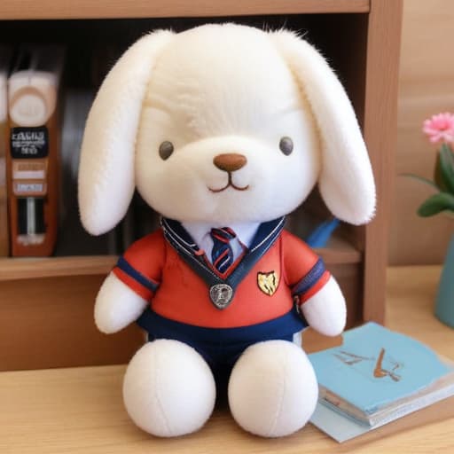 BT21 style stuffed animals, detailed, creative and original, realistic. A bunny with uniform colors in school uniform and a small accessory that perfectly complements the character, realistic BT21 style."