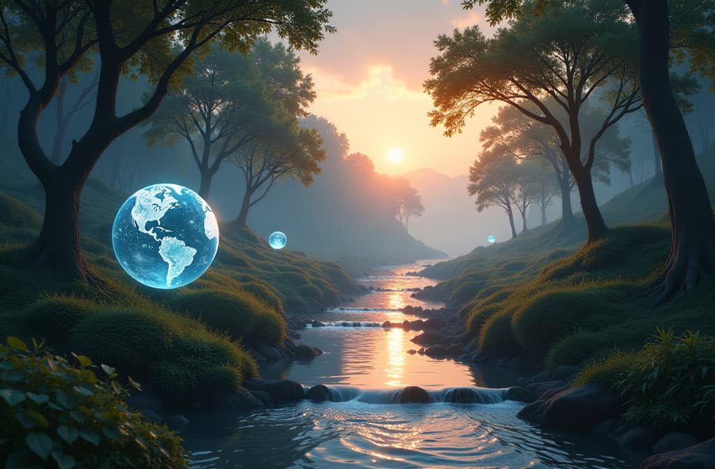  "create a serene and futuristic landscape where a gentle stream flows through a lush, digital forest. floating holographic orbs capture the essence of storytelling, radiating soft glows that resemble sound waves and visualizes the thoughts of an unseen narrator. ethereal wisps of light weave through the trees, symbolizing the flow of narrative, while a tranquil sky above transitions from warm sunset hues to deep twilight, evoking a sense of calm and inspiration." hyperrealistic, full body, detailed clothing, highly detailed, cinematic lighting, stunningly beautiful, intricate, sharp focus, f/1. 8, 85mm, (centered image composition), (professionally color graded), ((bright soft diffused light)), volumetric fog, trending on instagram, trending on tumblr, HDR 4K, 8K