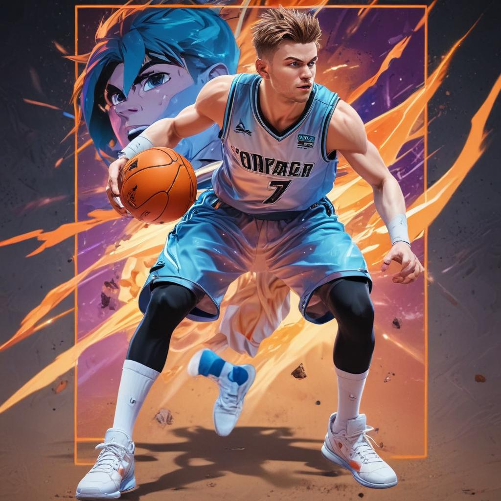 distance-shot, flashy, full-body, dynamic, holographic, animated cartoon poster of luka doncic in the style of dragon ball super