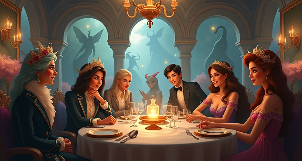  an elegant social gathering in an ethereal palace filled with magical creatures. smiles wide, polite conversations, enchanted decor, whimsical atmosphere.. the style is digital art illustration,highly detailed, whimsical,magical, dreamlike atmosphere, realism and fantasy blend, smooth, glossy textures,luminous quality, wonder and enchantment.