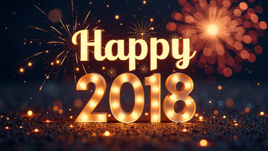  prompt: "a festive new year's postcard design with the phrase 'happy new year!' in large, bold letters across the center. the background features a celebratory scene with sparkling lights, fireworks, and subtle holiday decorations like stars and confetti. the focus is on the big, bold text, creating a joyful and vibrant atmosphere, perfect for new year's greetings." ar 16:9 {prompt}, maximum details