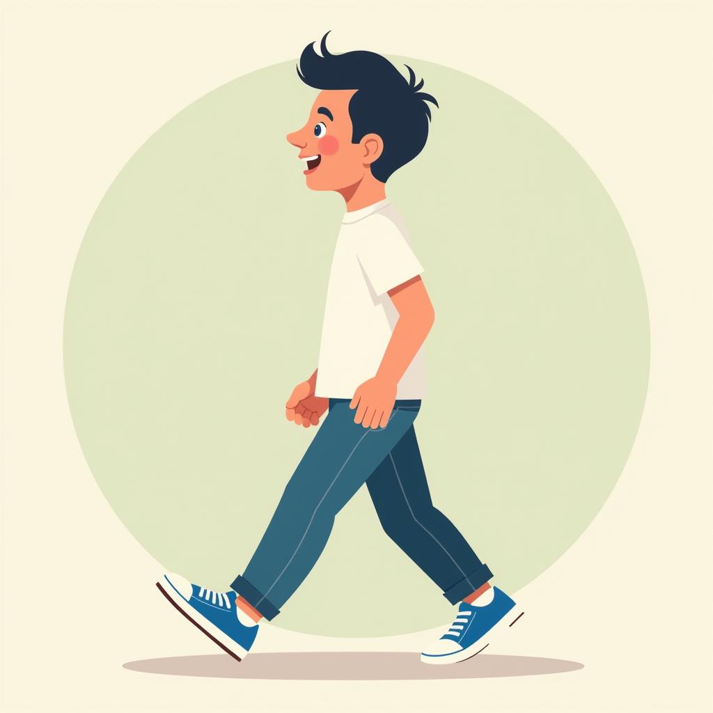  flat design ilration of a old with black hair, walking in profile. he is wearing a blue , white sneakers, and a white shirt. the character has a cheerful expression and simplified, clean lines with minimal shading. the background is simple and colorful, suitable for infographics. the color palette is bright but soft, with a modern and clear design for easy readability.