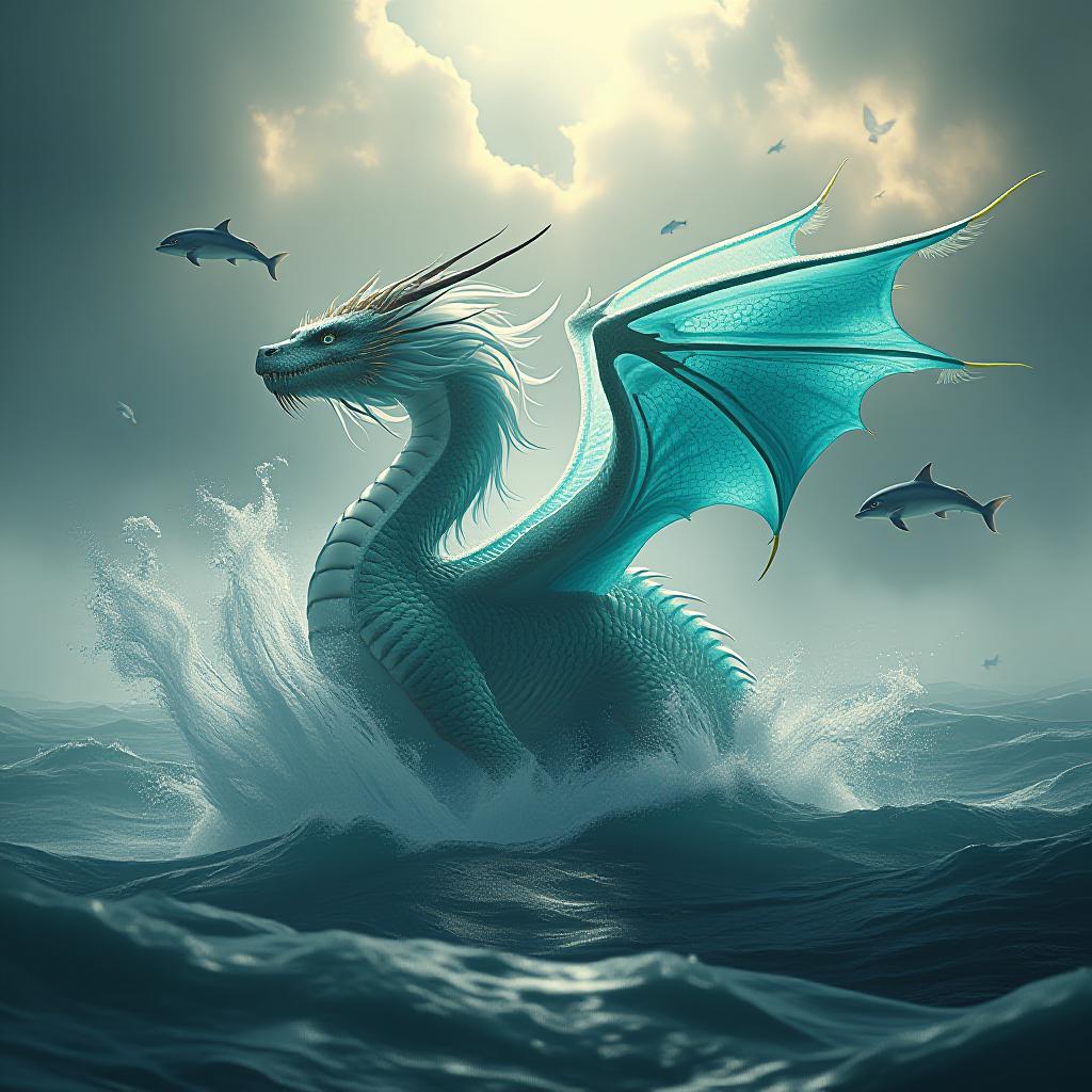  a majestic water dragon [1.3] emerging from a turbulent sea, its body formed of swirling, transparent water [1.4]. scales shimmer with the colors of the deep ocean teals, sapphires, and aquamarines. eyes glow like bioluminescent creatures [1.2], piercing through the mist. mane and whiskers made of white sea foam, billowing in the wind. wings spread wide, composed of cascading waterfalls [1.3] that create rainbows in the sunlight. surrounded by a storm of flying fish and leaping dolphins. hyper detailed water textures [1.5], dynamic pose, dramatic lighting with sun breaking through storm clouds. hyperrealistic, full body, detailed clothing, highly detailed, cinematic lighting, stunningly beautiful, intricate, sharp focus, f/1. 8, 85mm, (centered image composition), (professionally color graded), ((bright soft diffused light)), volumetric fog, trending on instagram, trending on tumblr, HDR 4K, 8K